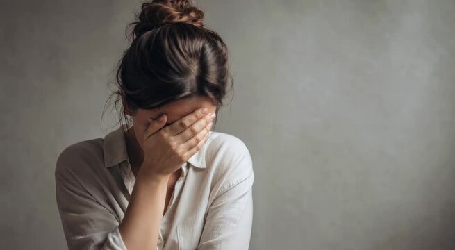Close-up portrait of an adult woman covering her face with her hand, conveying sadness, stress and emotional distress against a neutral background