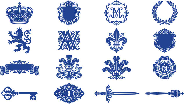 Royal blue heraldic crest collection featuring crown shield and knightly symbols for logo.