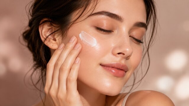 Young Woman Applying Moisturizing Face Cream to Glowy Skin Highlights Daily Skincare Routine and Natural Beauty Treatment for Radiant Healthy Complexion