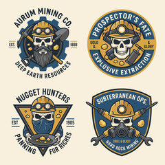 Naklejka premium This compilation features four distinct mining logos, showcasing bold designs with skulls, pickaxes, and other elements, highlighting the rugged nature of the mining industry.