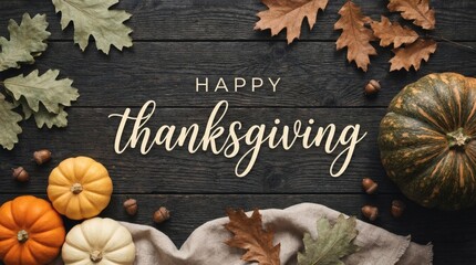 Fototapeta premium Cozy Thanksgiving table arrangement with pumpkins, autumn leaves, and warm textured background