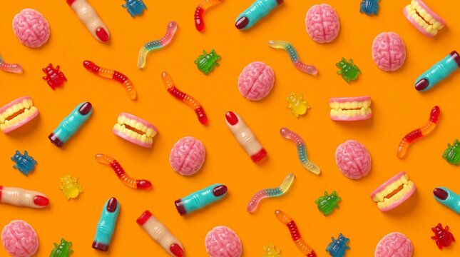 Colorful assortment of gummy candies including brains, worms, and lips on a vibrant orange background for festive occasions