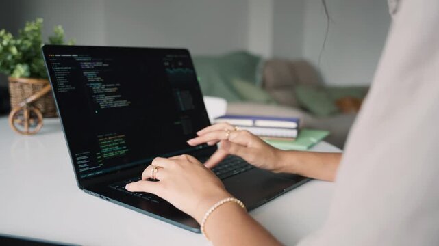 Female software engineer coding on a laptop computer at home