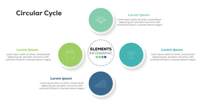 4 steps circular cycle business infographic template design vector with central hub and process diagram layout for presentation Circular Mind Map Process Vector. Vector illustration