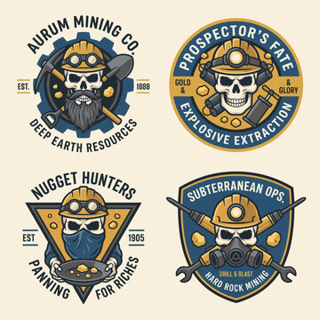 This compilation features four distinct mining logos, showcasing bold designs with skulls, pickaxes, and other elements, highlighting the rugged nature of the mining industry.