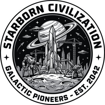 This striking black-and-white logo depicts a futuristic cityscape with robots and construction, representing innovation, exploration, and the vision of a galactic future.