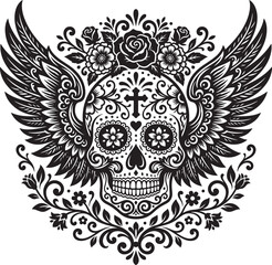 Fototapeta premium Mexican Sugar Skull With Decorative Floral Frame