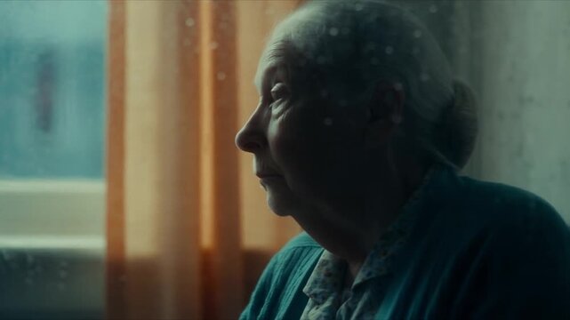 Mujer mayor sentada sola junto a una ventana cubierta de gotas de lluvia, observando el exterior en una escena melanc&oacute;lica y cinematogr&aacute;fica