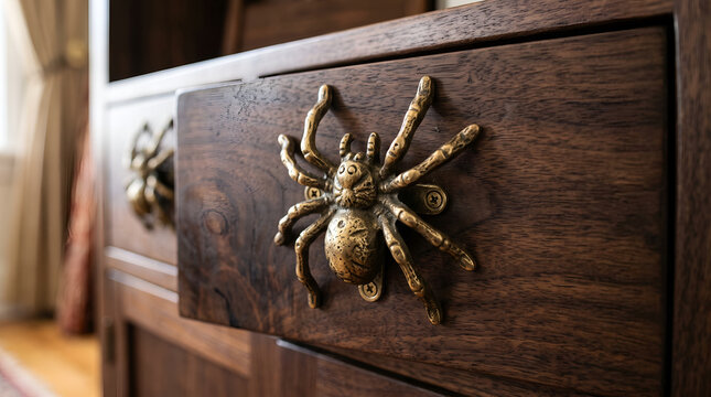 Decorative spider shaped brass drawer handle on a dark wooden cabinet furniture piece