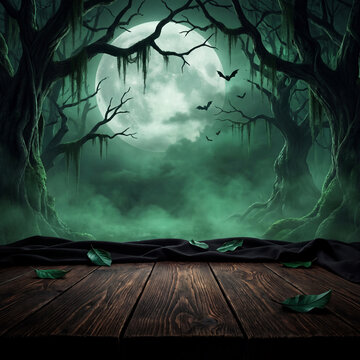 Spooky Halloween forest background with wooden table, eerie full moon over misty swamp, dark gnarled trees and bats in night sky