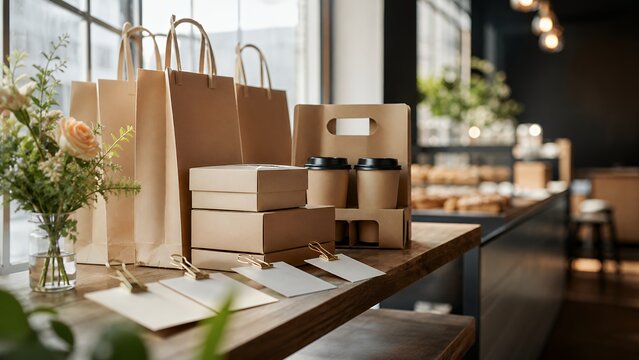 Cafe Brunch Preorder Pickup Shelf With Blank Bags And Cups