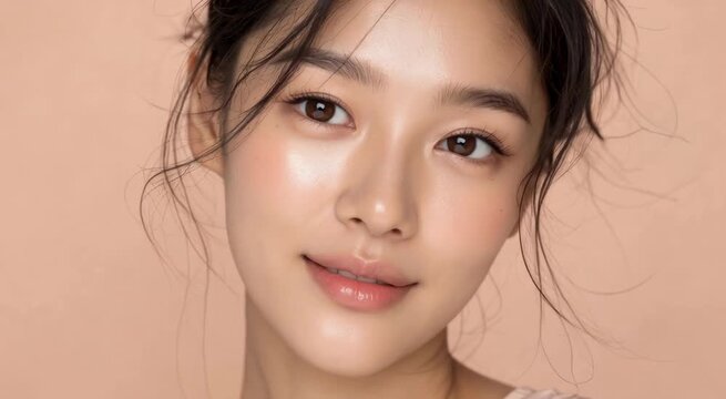 Close-up beauty portrait of a young woman with dewy skin and natural makeup against a warm peach background