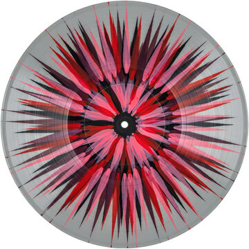 Vinyl record with splatter paint in red, pink, and black colors isolated on a transparent background