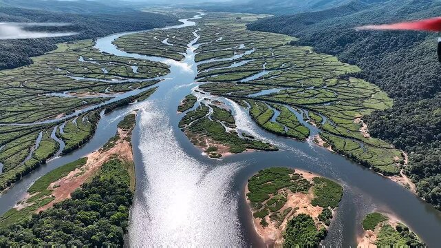 Aerial view of a wide braided river with small green islands flowing through a lush tropical forest valley