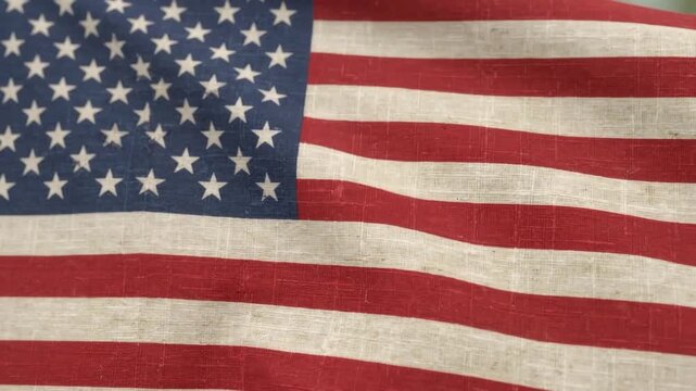 Waving american flag texture with visible stitching and weathered appearance soft focus background.