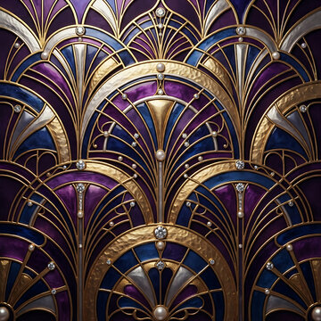 Art Deco pattern with gold and purple fan shapes, luxury geometric background with pearls and gems, elegant vintage wallpaper texture