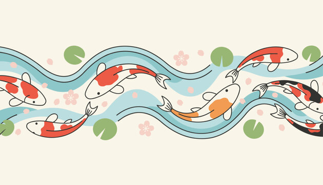 Japanese koi fish seamless border pattern with elegant red and white fish swimming in blue waves with lily pads.