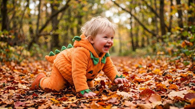 Happy toddler in pumpkin costume crawling through autumn leaves in a forest park