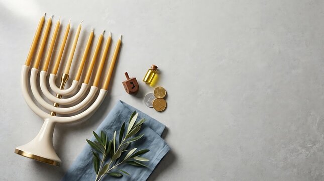Hanukkah menorah with candles, dreidel, and chocolate coins on a grey stone background.