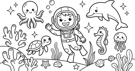 Fototapeta premium Happy astronaut swimming with sea creatures in ocean for underwater adventure.