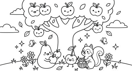 Fototapeta premium Happy fruit characters under apple tree with squirrel gathering harvest for coloring page