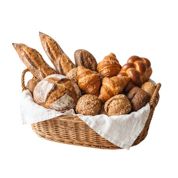 A rustic wicker basket filled with an assortment of fresh artisanal breads and golden buttery croissants isolated on black