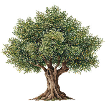 A detailed of a large old olive tree with a gnarled trunk and dense green foliage canopy isolated on a transparent background