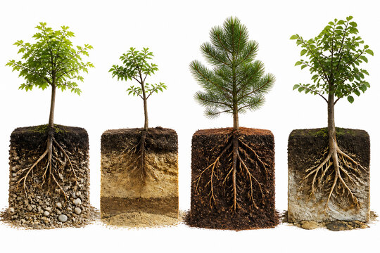 Four potted plants with visible root systems are displayed against a white background.