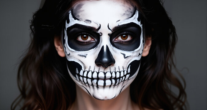 A woman with skull make up.
