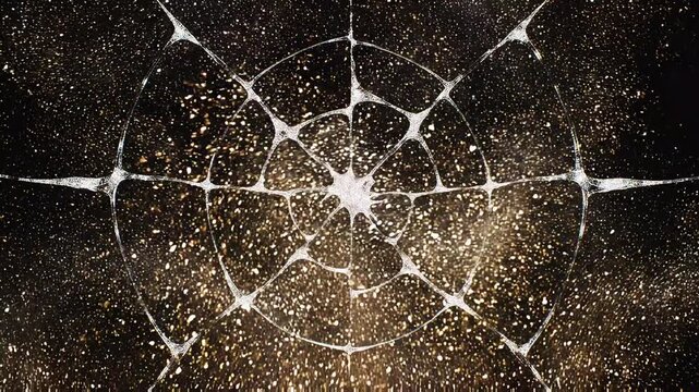 Shimmering white spiderweb pattern appearing on dark background with scattered gold glitter representing intricate connectivity and nature.