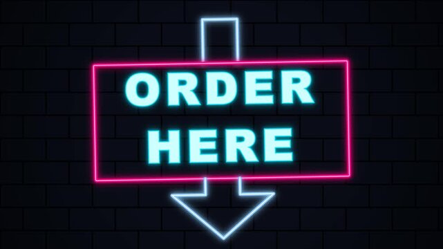 Order Here Neon Sign with Arrow on Brick Wall Background