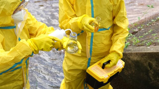 Environmental workers in yellow protective suits collect a water sample in a stream using a glass bottle and field test case.
