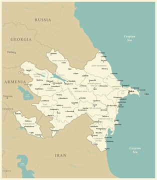 Azerbaijan - detailed map with administrative divisions and capitals of countries. Vector illustration