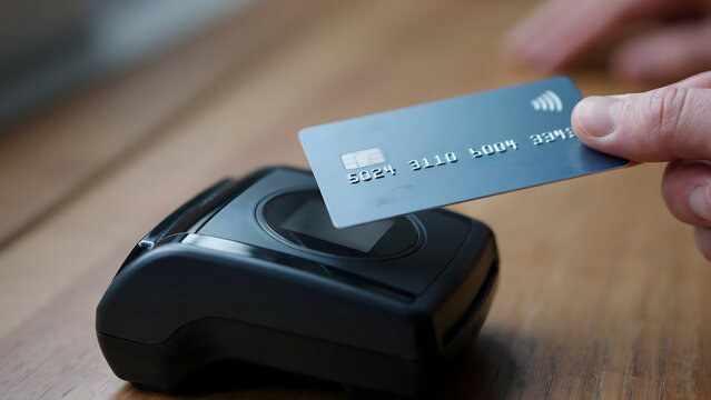Contactless Payment: A hand holds a credit card near a payment terminal for a quick and secure transaction, highlighting modern financial convenience.