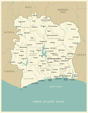 Ivory Coast - detailed map with administrative divisions and capitals of countries. Vector illustration