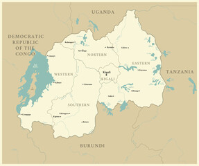 Obraz premium Rwanda - detailed map with administrative divisions and capitals of countries. Vector illustration