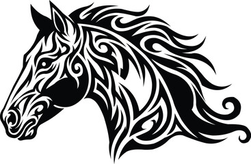 Fototapeta premium Tribal horse head tattoo design, stylized equine silhouette with flowing mane and intricate patterns, vector illustration