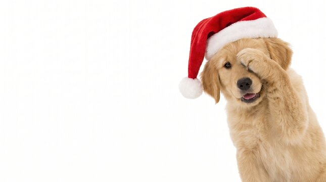 golden retriever puppy in santa hat covering one eye with paw and looking at camera on white background