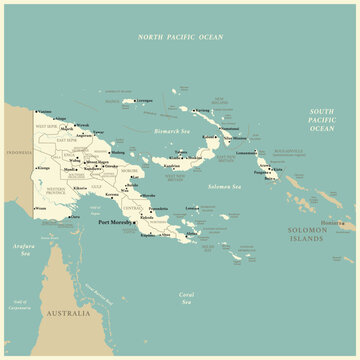 Papua New Guinea - detailed map with administrative divisions and capitals of countries. Vector illustration