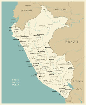 Peru - detailed map with administrative divisions and capitals of countries. Vector illustration