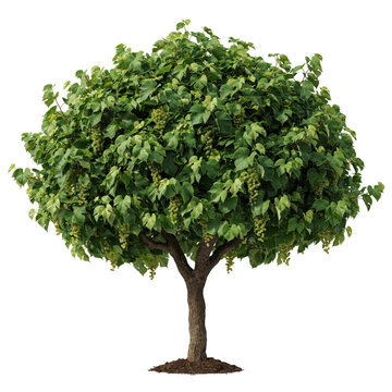A round shaped grapevine tree with green leaves and clusters of small grapes on a white ground isolated on a transparent background