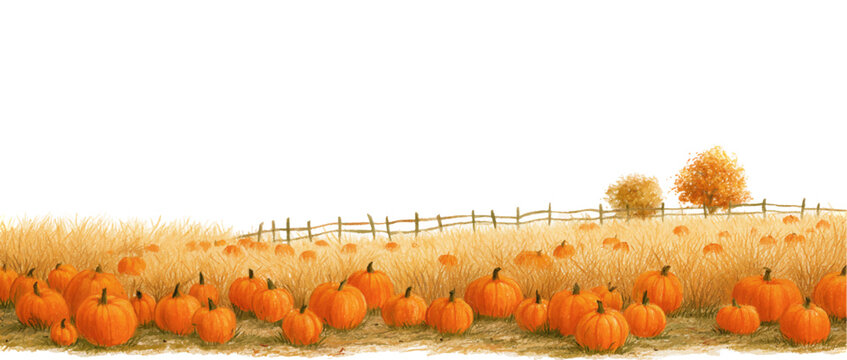 Pumpkin patch illustration depicting many orange pumpkins in a golden field with dry grass, a rustic wooden fence, and autumn trees in the background, representing harvest season