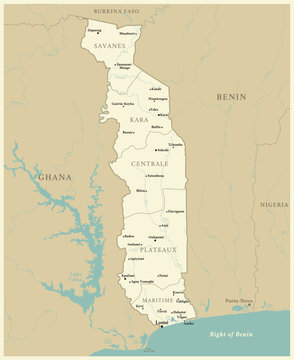 Togo - detailed map with administrative divisions and capitals of countries. Vector illustration