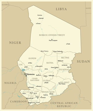 Chad - detailed map with administrative divisions and capitals of countries. Vector illustration