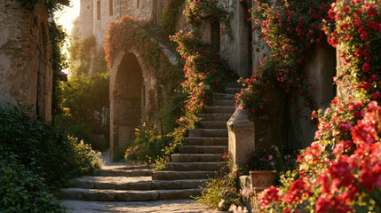 Fototapeta premium Ancient stone staircase leading through a historic mountain setting with lush greenery