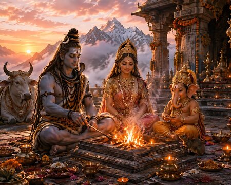 Blessed Ganpati Bappa with Lord Shiva and Goddess Parvati &ndash; Traditional Hindu Festival Scene for Ganesh Chaturthi, Gauri Ganpati and Shivratri