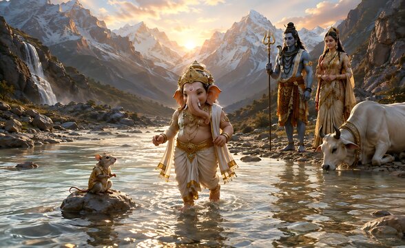 Blessed Ganpati Bappa with Lord Shiva and Goddess Parvati &ndash; Traditional Hindu Festival Scene for Ganesh Chaturthi, Gauri Ganpati and Shivratri