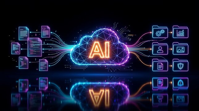 Modern artificial intelligence network connected with various digital icons and cloud