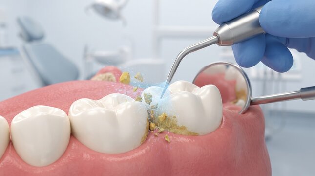 Dental Scaling Procedure With Ultrasonic Cleaner Removing Plaque From Teeth In Dental Clinic