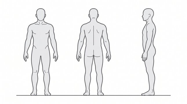 Human Body Proportion Reference Guide Showing Front Back And Side Views In Grey Line Art